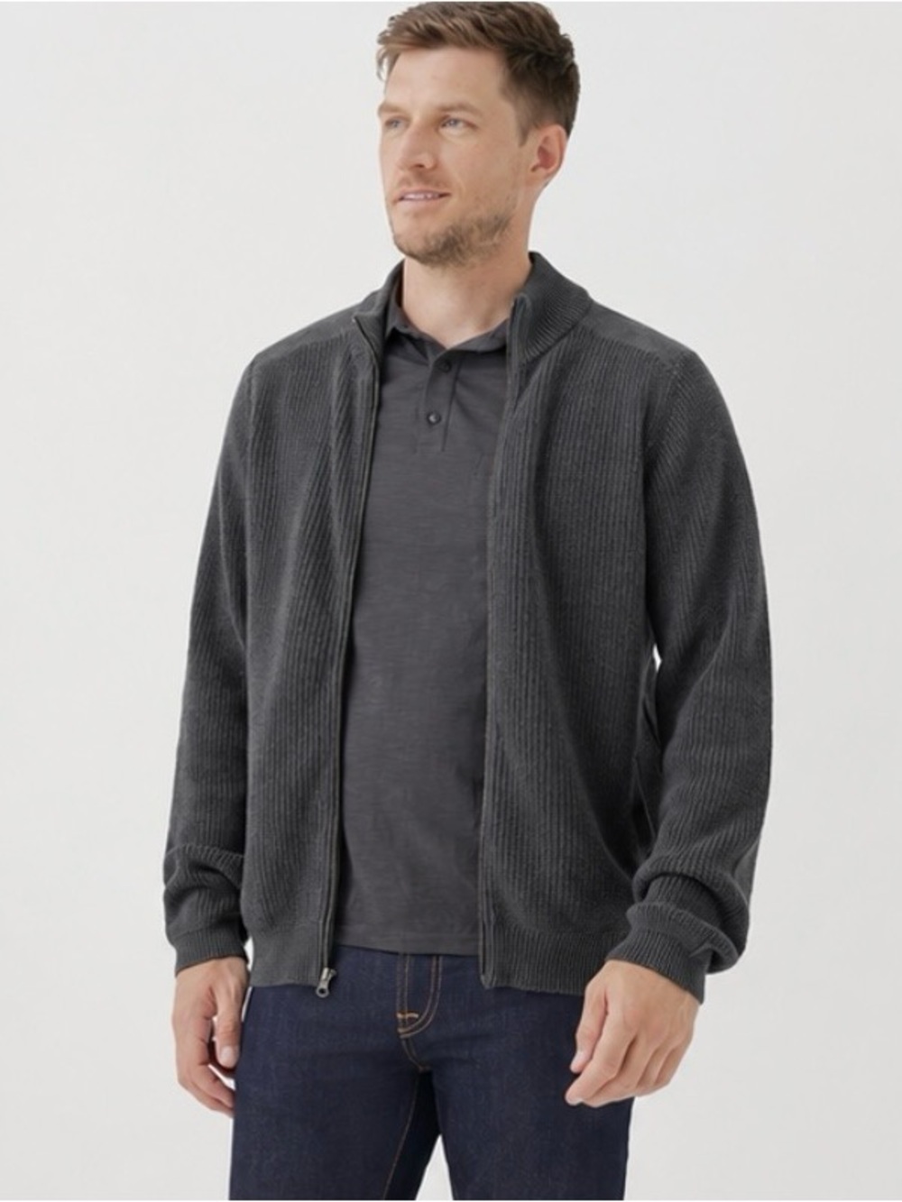 NWOT Pact 100% Organic Cotton Men's Double Knit Modern Zip Sweater Charcoal Gray